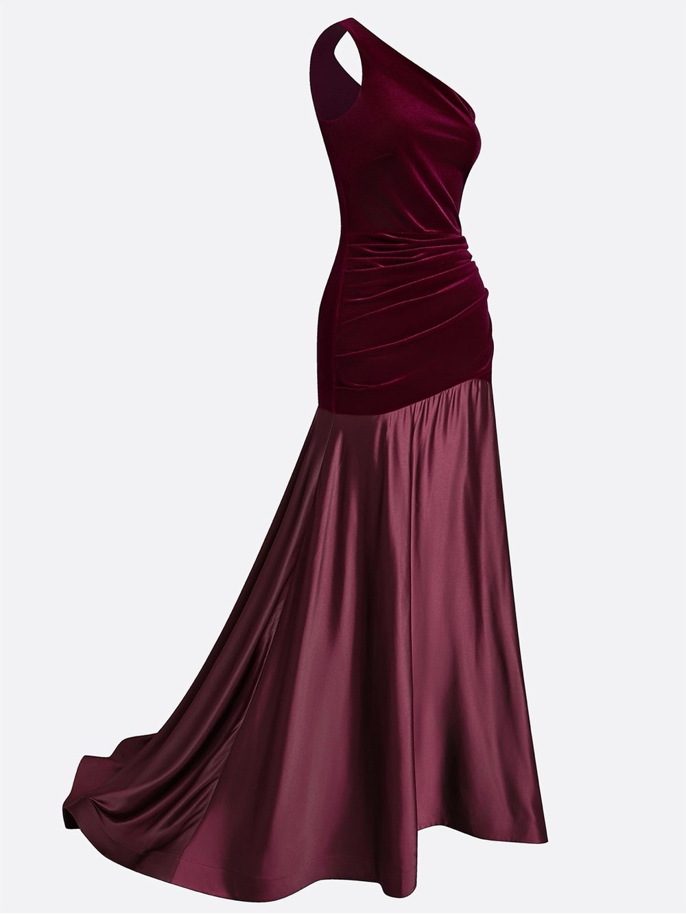 NWT Fehaute Burgundy Satin Ruched Velvet One Shoulder A-Line Gown Dress Size 4 - Picture 5 of 11